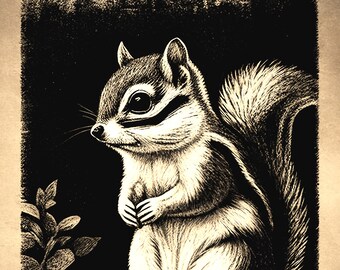 Chipmunk Wood Block Vintage Style Original Art Print, Instant Digital Download, Vintage Poster, Art Wall Decor