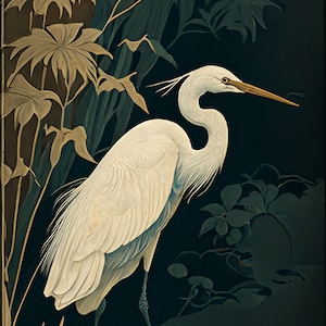 Great White Heron |  Large Egret Art Print |  Retro Japanese Style Art | Vintage Style Crane Print |  Japanese Crane Art Print
