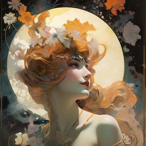 Cartel de amor lunar original / Estética Art Nouveau moderna para la decoración elegante del hogar y la oficina / Cartel Art Nouveau moderno / Arte del cartel original
