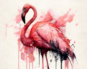 フラミンゴアート、ピンクフラミンゴ水彩画、フラミンゴプリント
