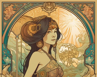 Lámina Art Déco de una mujer tailandesa, ilustración floral neodeco, póster de estilo vintage (descarga digital).