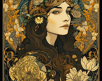 Divine Feminine Art Print | New Art Nouveau | Mucha Print | Goddess Decor | Art Nouveau Print | New Art Nouveau | Fall Wall Art |