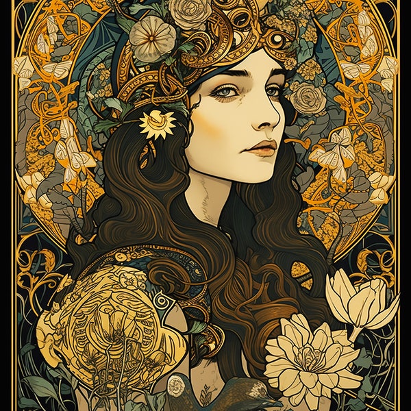 Divine Feminine Art Print | New Art Nouveau | Mucha Print | Goddess Decor | Art Nouveau Print | New Art Nouveau | Fall Wall Art |