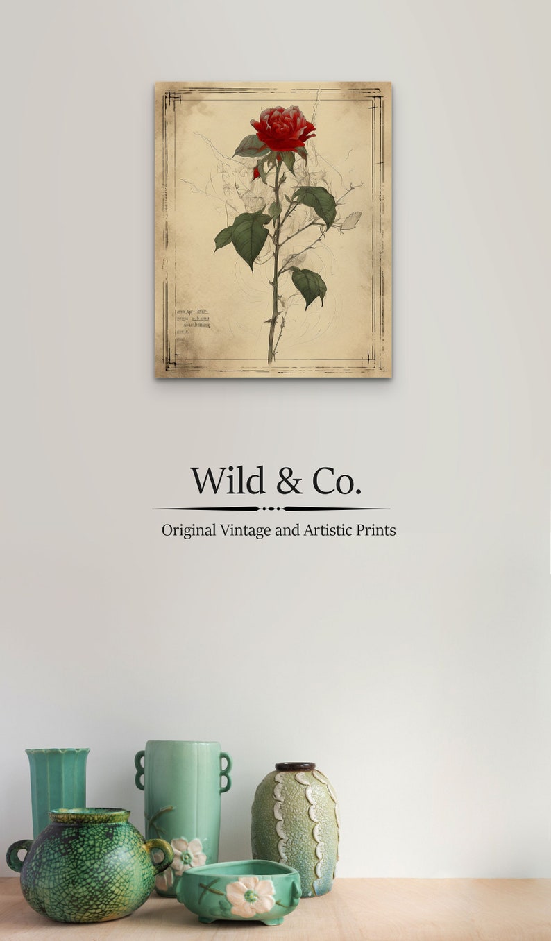 Vintage Rose Line Art Print | Romantic Flower Wall Decor (digital ...