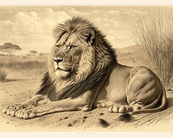 Vintage Lion Drawing Art Print | Wildlife Digital Download