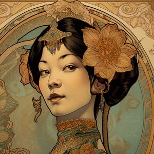 May include: A woman with dark hair and a flower in her hair is wearing a gold and blue necklace and a gold and blue patterned dress. The background is a light blue and gold art nouveau design.