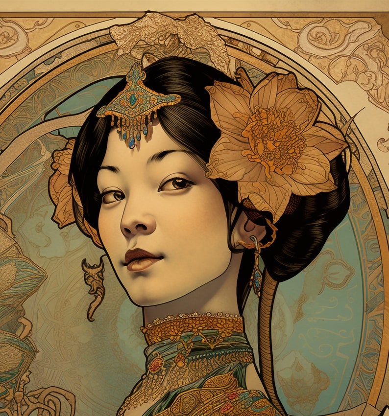 May include: A woman with dark hair and a flower in her hair is wearing a gold and blue necklace and a gold and blue patterned dress. The background is a light blue and gold art nouveau design.