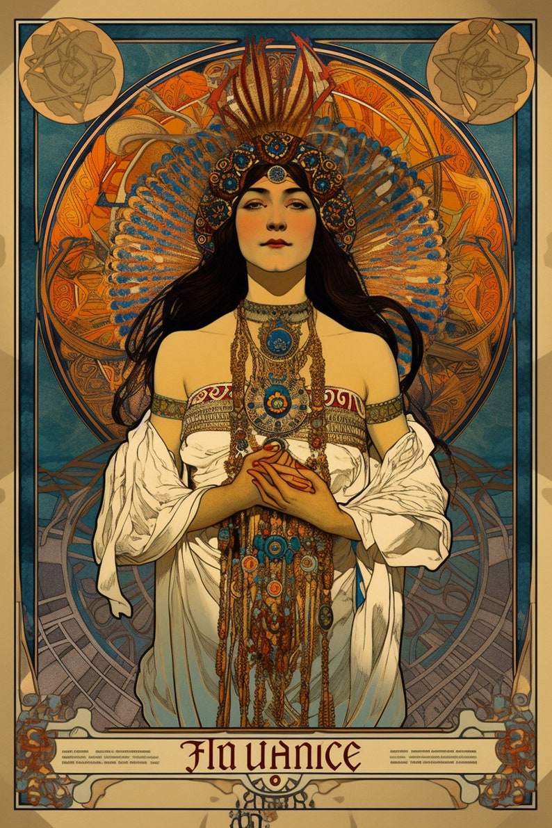 May include: A woman in a white dress with a large headdress adorned with feathers and jewels. She is wearing a necklace and bracelets with intricate designs. The background is a colorful, geometric pattern. The text "Fin ualice" is at the bottom of the image.