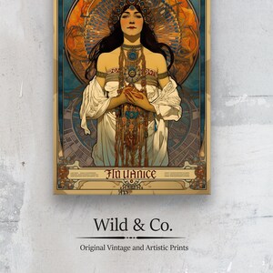 May include: A vintage art nouveau poster featuring a woman in a white dress with a golden headdress and jewelry. The background is a colorful design with a blue, orange, and gold color scheme. The text "Fin de Si&egrave;cle" is at the bottom of the poster.
