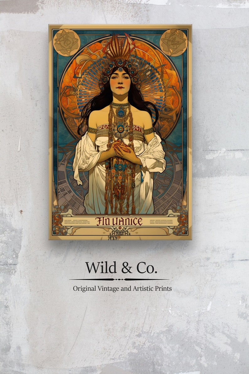 May include: A vintage art nouveau poster featuring a woman in a white dress with a golden headdress and jewelry. The background is a colorful design with a blue, orange, and gold color scheme. The text "Fin de Si&egrave;cle" is at the bottom of the poster.