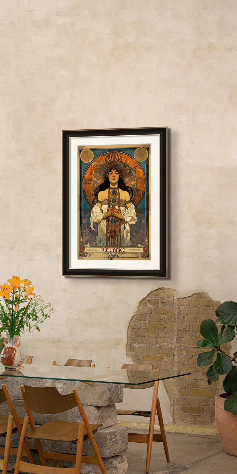 May include: A framed vintage poster with a woman in a white dress and a headdress. The poster has a gold background with a circular design and the text "Fin de Si&egrave;cle" at the bottom.