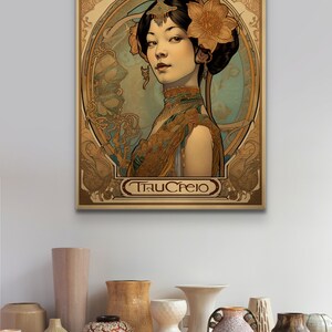 May include: A vintage-style poster featuring a woman with dark hair and a floral headdress. The woman is wearing a gold and green dress and has a delicate necklace. The poster has a decorative border and the text "TauCreio" at the bottom.
