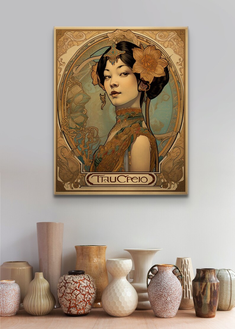 May include: A vintage-style poster featuring a woman with dark hair and a floral headdress. The woman is wearing a gold and green dress and has a delicate necklace. The poster has a decorative border and the text "TauCreio" at the bottom.