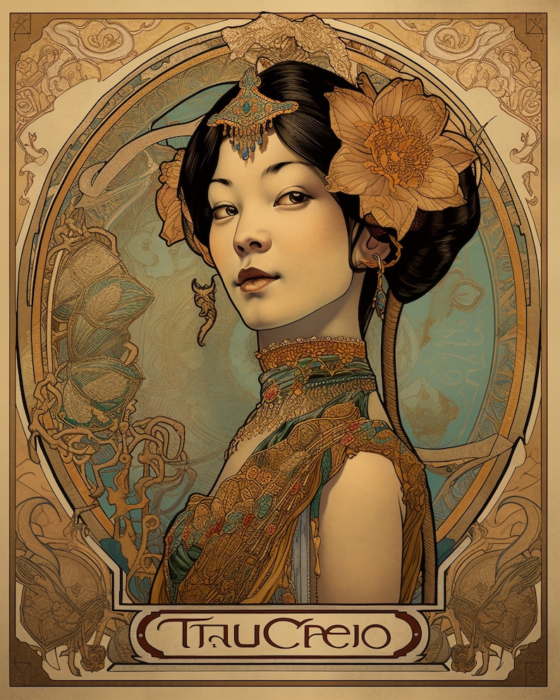 May include: A woman with dark hair and a flower in her hair is wearing a gold and green patterned dress. The background is a light blue and gold art nouveau design. The text "Traucreio" is at the bottom of the image.