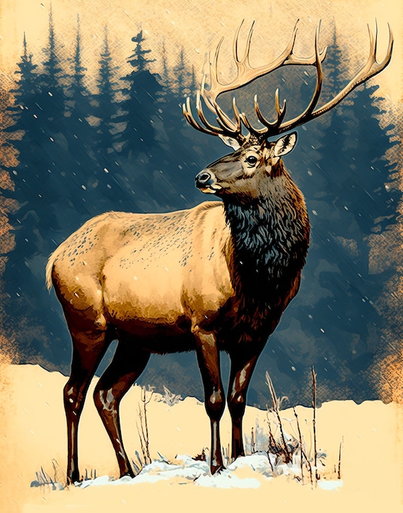 Elk Art Elk Art Vintage Style Original Art Print Hunting Art Elk
