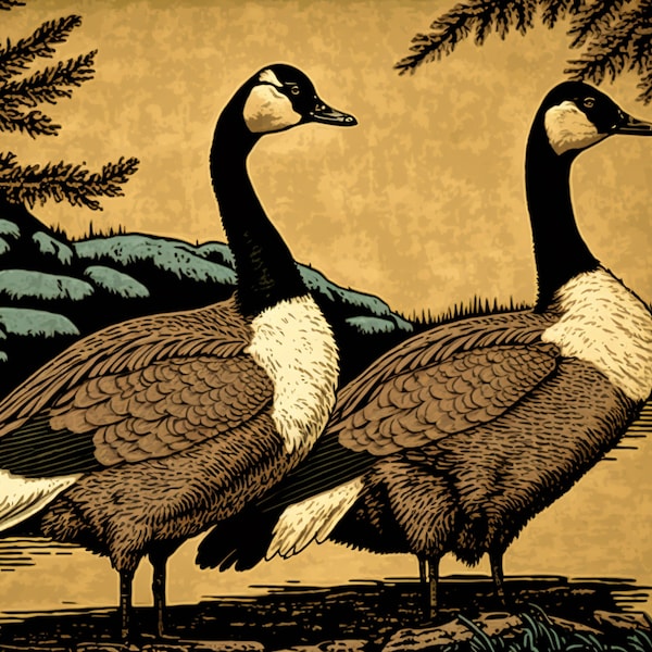 Hunting Gifts for Men: Unique Wood Block Print of a a pair of Geese | Perfect Gift for Husband or Father Who Loves Hunting | Canadian Geese