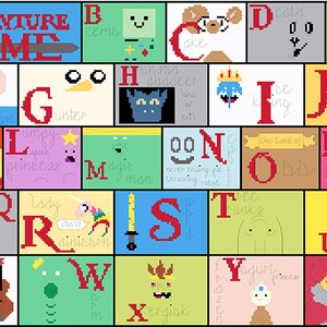 May include: A colorful pixel art poster featuring characters and elements from Adventure Time. Each letter of the alphabet is represented with a corresponding character or object, including Finn, Jake, and Princess Bubblegum. The title "Adventure Time" is at the top.