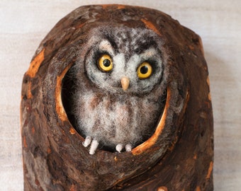The Boreal Owl in the Hollow. Felted bird sculpture, interior art object