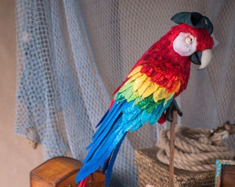 Captain Scarlet Macaw, art toy, interior art-object, wool sculpture.