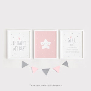 Cute Star Print Nursery Printable Baby Girls Room Wall Art Be Happy My ...