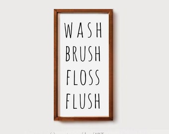 wash brush floss flush printable Sign Black and White  Bathroom Wall Art Instant Download Poster 10 x 20 inch digital print