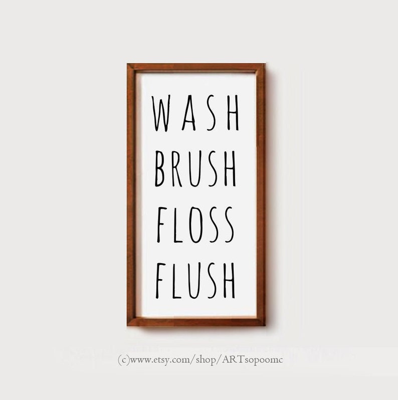 wash brush floss flush printable Sign Black and White Bathroom Wall Art Instant Download Poster 10 x 20 inch digital print image 1
