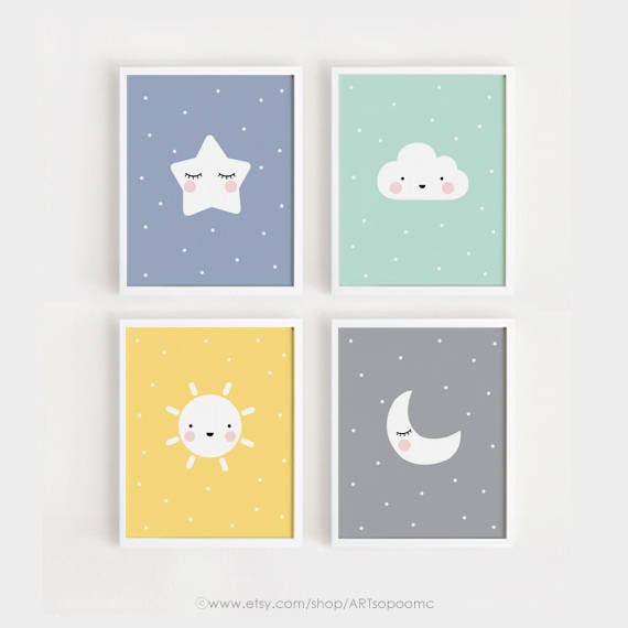 Printable Nursery Art Set Of 4 Star Cloud Sun Moon Poster Etsy