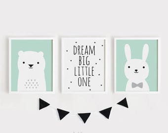 Bear, Bunny Nursery Art Print Set, Dream Big (Digital Download)