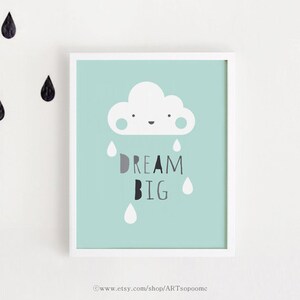 Imprimibles infantiles arte bebé habitación pared Dream Big cita cartel lindo Print kawaii verde menta azul vivero Decor instantánea descargar A3