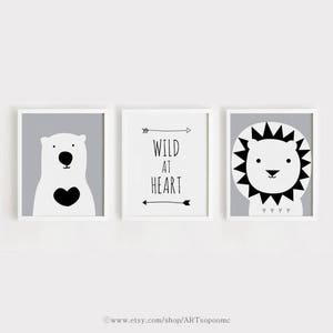 Print download - Bear and Wild at Heart and Lion Printable Nursery Art Set of 3 Poster Baby Kids room wall art decor INSTANT Digital print