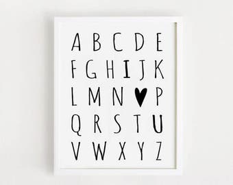 Alphabet Nursery Print, Black and White ABC Poster (Digital Download)