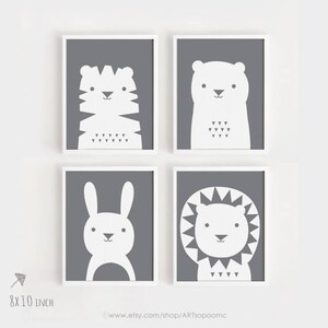 A3 arte imprimibles descargar vivero arte Set de 4 lindo cartel Animal monótona bebé Habitación infantil decoración de la habitación para niños gris y blanco afiche color