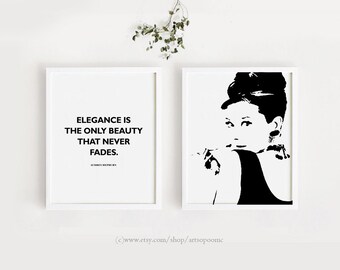 May include: Two framed art prints. One features a black and white portrait of Audrey Hepburn. The other print has the quote "Elegance is the only beauty that never fades." Both are in white frames, perfect for wall decor.