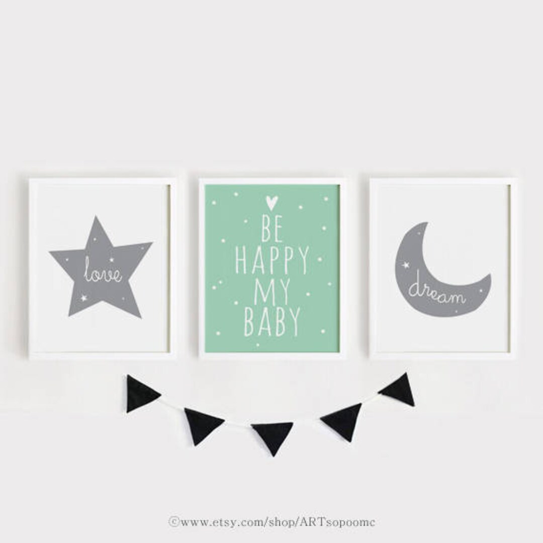 Printable Nursery Art Set of 3 Poster Baby Room Wall Art Gray and Mint ...