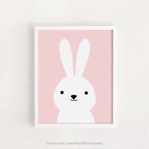 Imprimible vivero pared arte rosa conejo ilustración lindo conejito para los niños bebés bebé niña habitación decoración 8x10, A4, A3 cartel DESCARGA INSTANTÁNEA