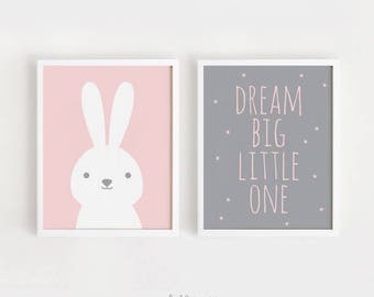 Bunny Nursery Art Print Set, Pink and Gray Decor (Digital Download)