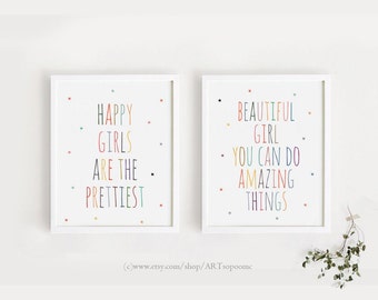 Instant download Printable wall art Set of 2 / happy girls are the prettiest / girls inspirational wall sign Room decor Digital prints