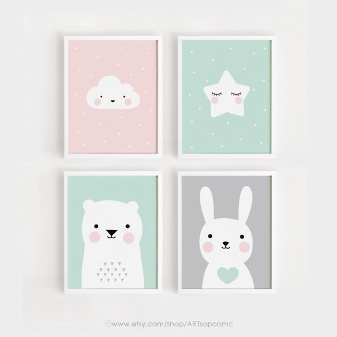 Printable Nursery Art Set of 4 Poster Bear Bunny Cloud Star Baby Room ...