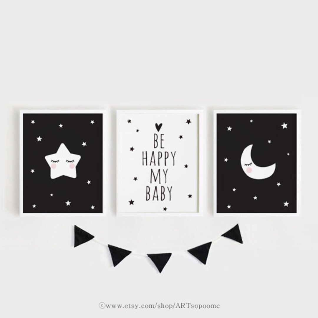 Printable Nursery Art Set of 3 Poster Baby Room Wall Art Black and