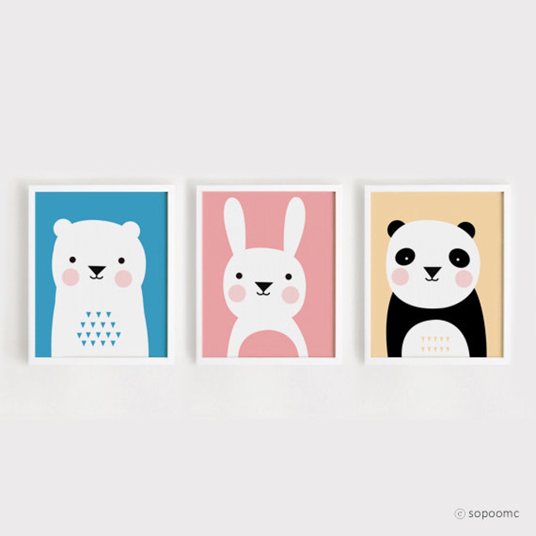 Printable Nursery Art Set of 3 Poster Bear Bunny Panda - Baby Room Wall ...