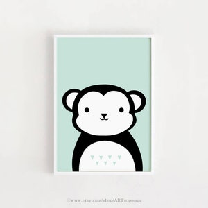 bebe Mono cartel lindo kawaii imprimible arte Niños ilustración animal para la sala de bebé imprimir menta vivero arte niños cartel Instant Descargar
