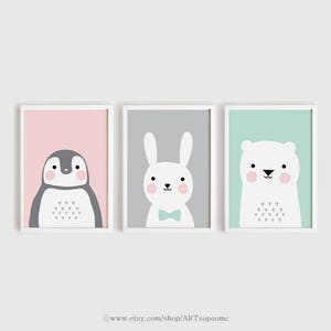 Imprimible vivero arte conjunto de 3 cartel bebé pared arte Niños decoración de la habitación rosa gris menta pinguino conejo oso animales impresión A4, A3, 8x10, 11x14