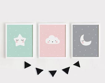 Star Cloud Moon nursery decor Printable Nursery Art Set of 3 Poster Baby room Wall art Kids room decor Mint Gray Pink INSTANT Digital print