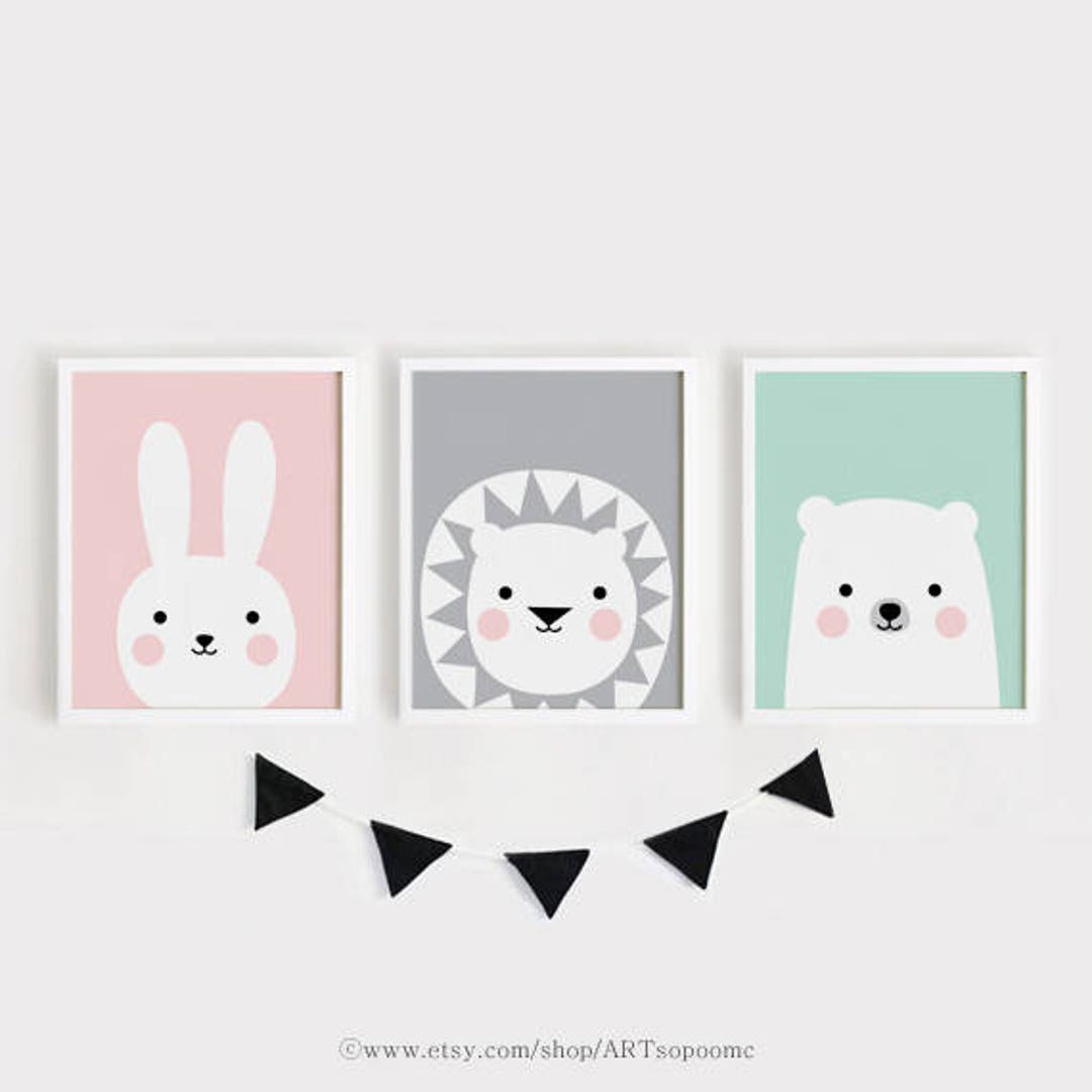Nursery Art Print Lion Bunny Bear Printable Baby Room Wall Art Set of 3 ...