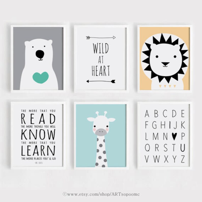 Printable Nursery wall Art Set of 6 Poster Baby Kids room decor Bear Lion Giraffe Animals Quotes Alphabet Digital print download ARTsopoomc