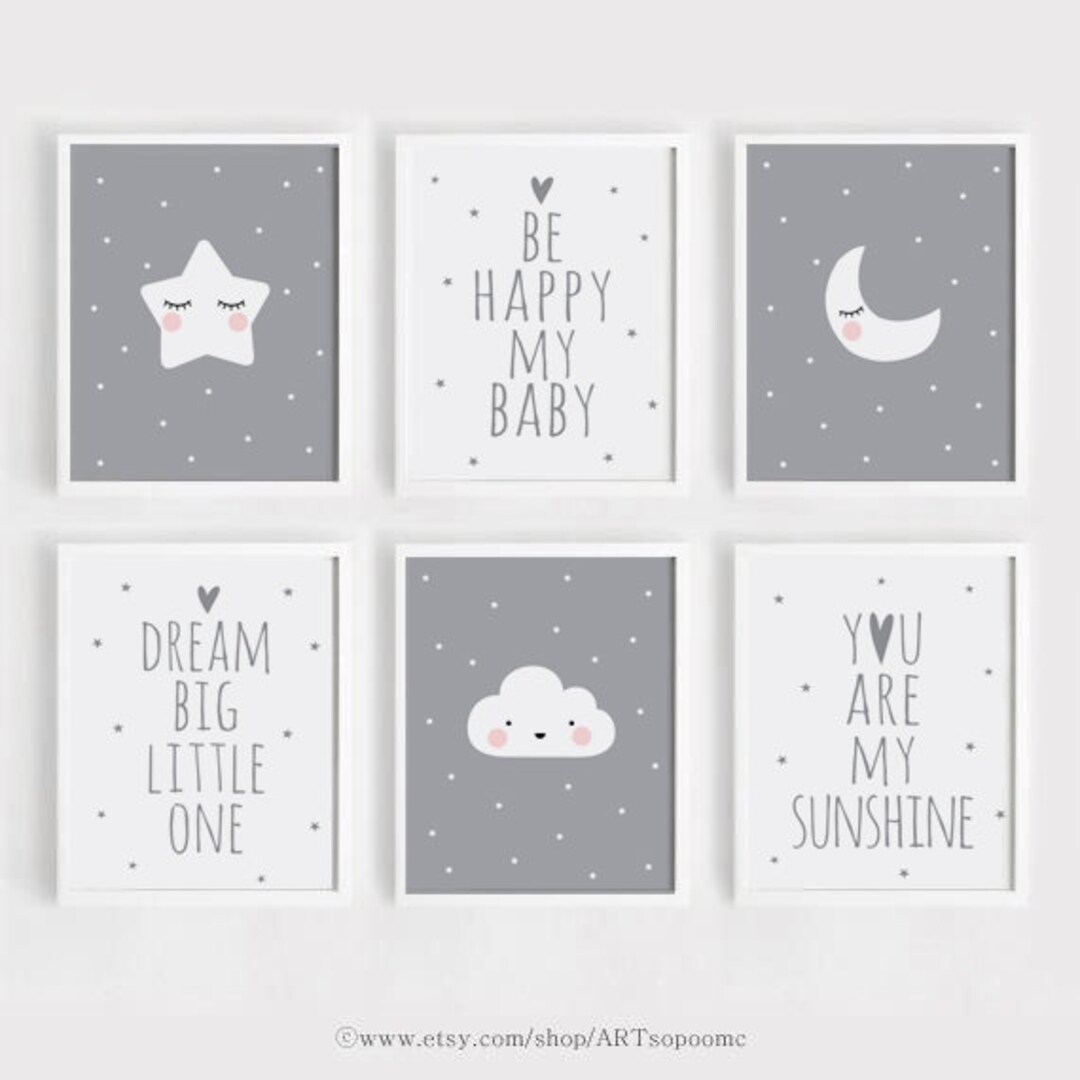 Printable Nursery Wall Art Set of 6 Poster Baby Girl Boy Room Gray ...