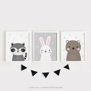 Instant download / Woodland Nursery wall art Printable animal prints Set of 3 Raccoon Bunny Bear Poster Baby Child Kids room decor idea