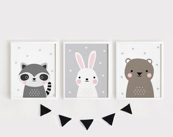 Instant download / Woodland Nursery wall art Printable animal prints Set of 3 Raccoon Bunny Bear Poster Baby Child Kids room decor idea