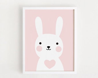 Printable Nursery Wall Art Pink Bunny Print Baby girls room decor Cute Rabbit art Digital print download 8x10, 11x14, A4, 30 x 40 poster