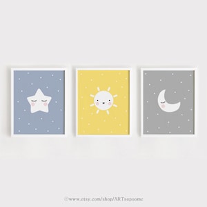 Imprimible vivero arte conjunto de 3 cartel bebé pared arte niños decoración habitación Star Sol Luna Impresión A4, A3, 8x10, 11x14 Descarga instantánea ARTsopoomc